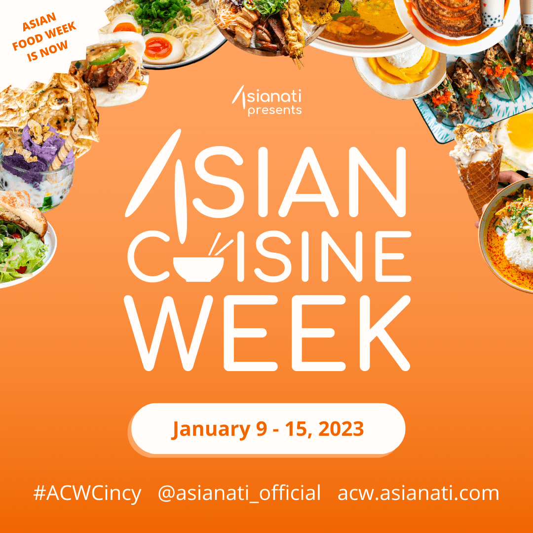 Digital design flyer "Asian Cuisine Week January 9-15, 2023" in white text on orange background